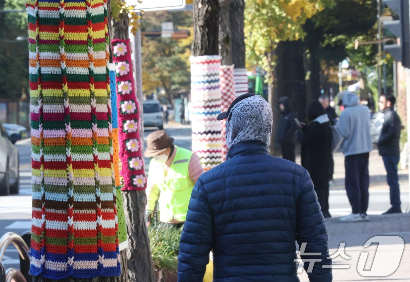 아침 기온이 영하권으로 떨어지며 초겨울 추위를 보인 3일 경기 광명시 하안동 하담길 예술의거리 가로수에 뜨개옷이 입혀져 있다. 2025.11.3/뉴스1 ⓒ News1 김영운 기자