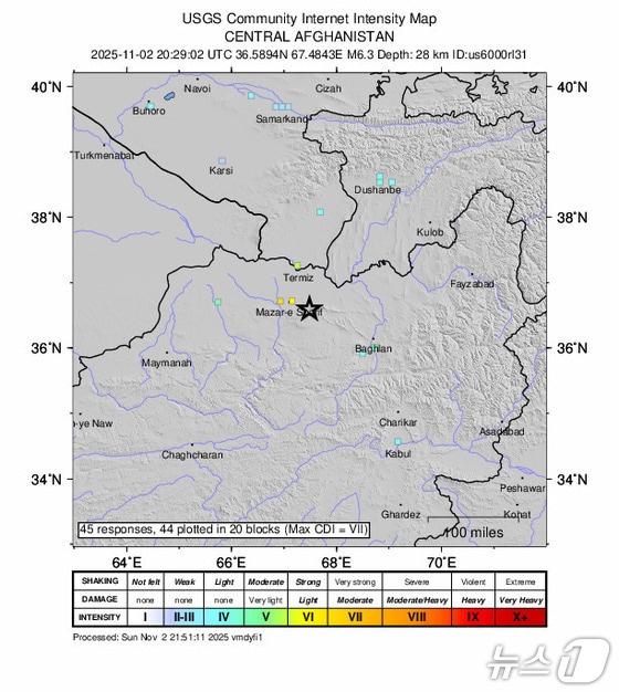 본문 이미지 - 아프가니스탄 지진 발생 지도/ 출처:USGS