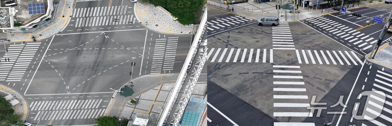 본문 이미지 - 대구도시철도 3호선 동천역 앞에 대각선횡단보도가 설치 전&#40;왼쪽&#41;과 후의 모습.&#40;대구 북구 제공. 재판매 및 DB금지&#41;