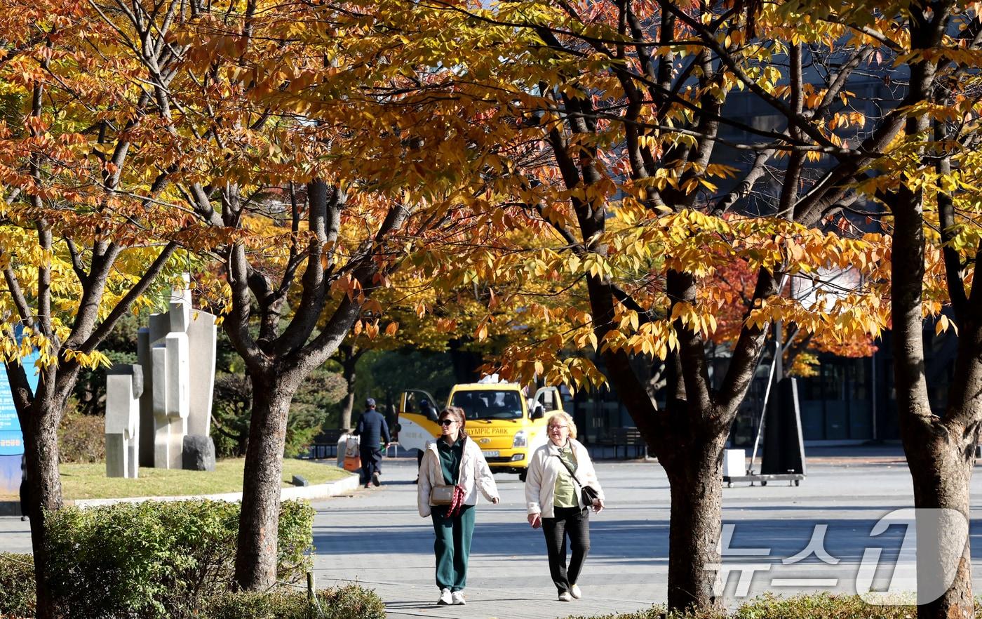 지난 3일 오후 서울 송파구 올림픽공원을 찾은 시민들이 단풍이 든 산책로를 걷고 있다. 2025.11.3/뉴스1 ⓒ News1 장수영 기자