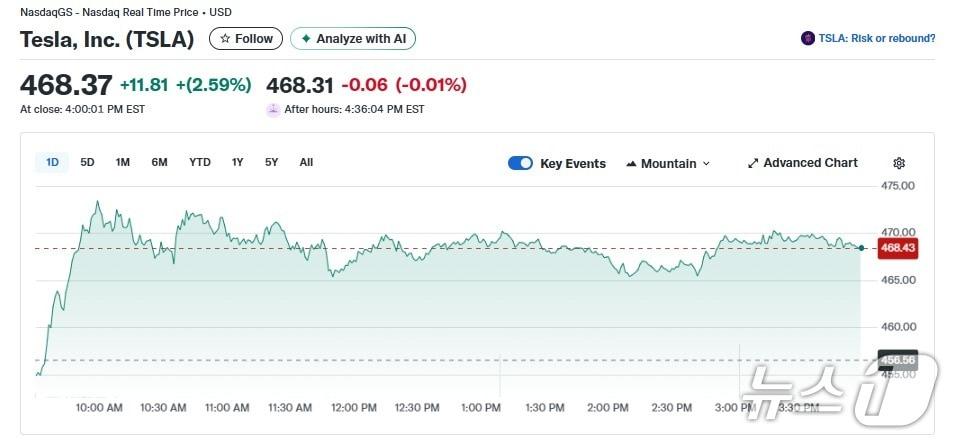 본문 이미지 - 테슬라 일일 주가추이 - 야후 파이낸스 갈무리