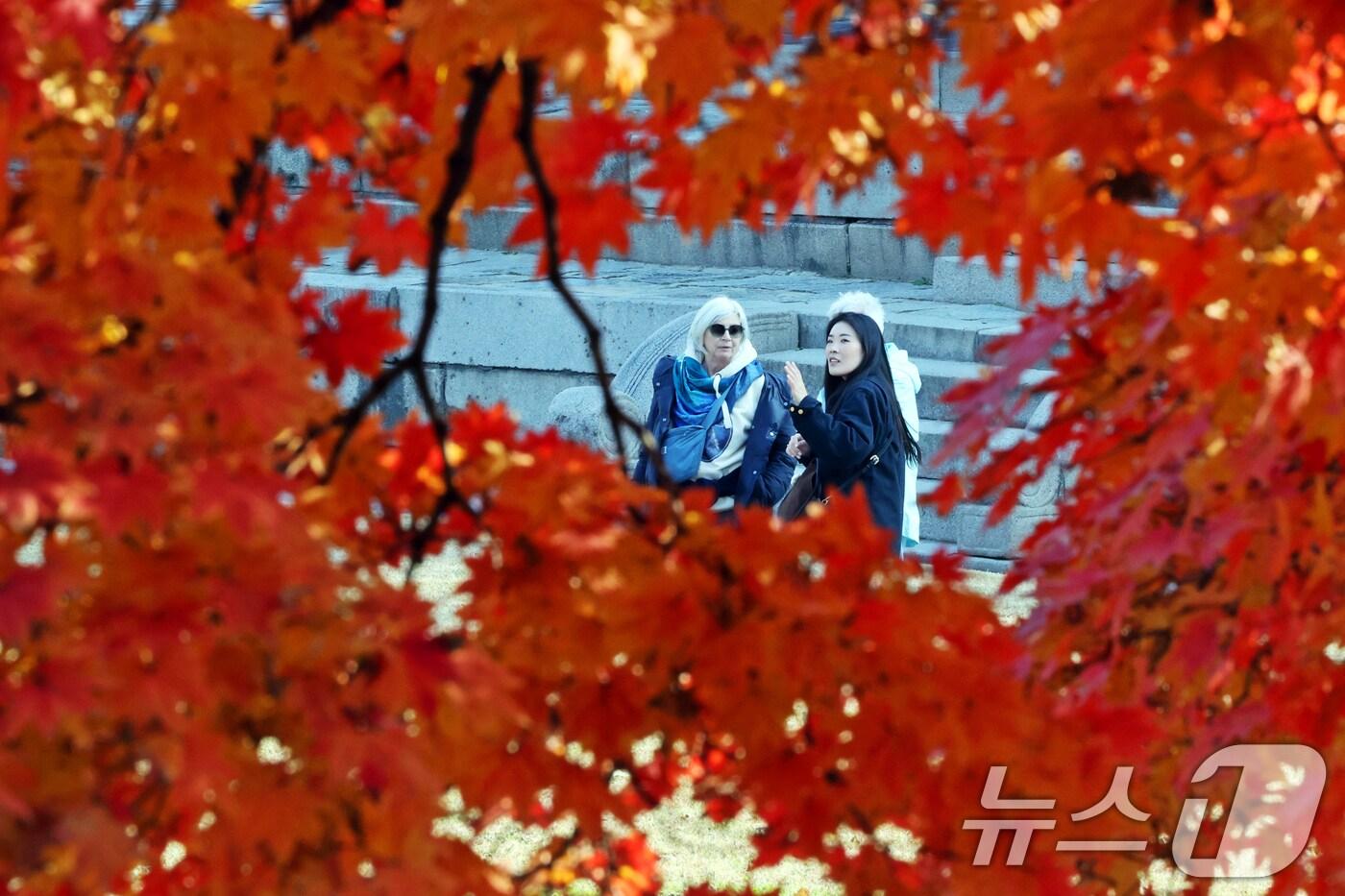 완연한 가을 날씨를 보인 4일 오후 서울 중구 덕수궁에서 외국인 관광객들이 단풍과 함께 즐거운 시간을 보내고 있다. ⓒ News1 황기선 기자