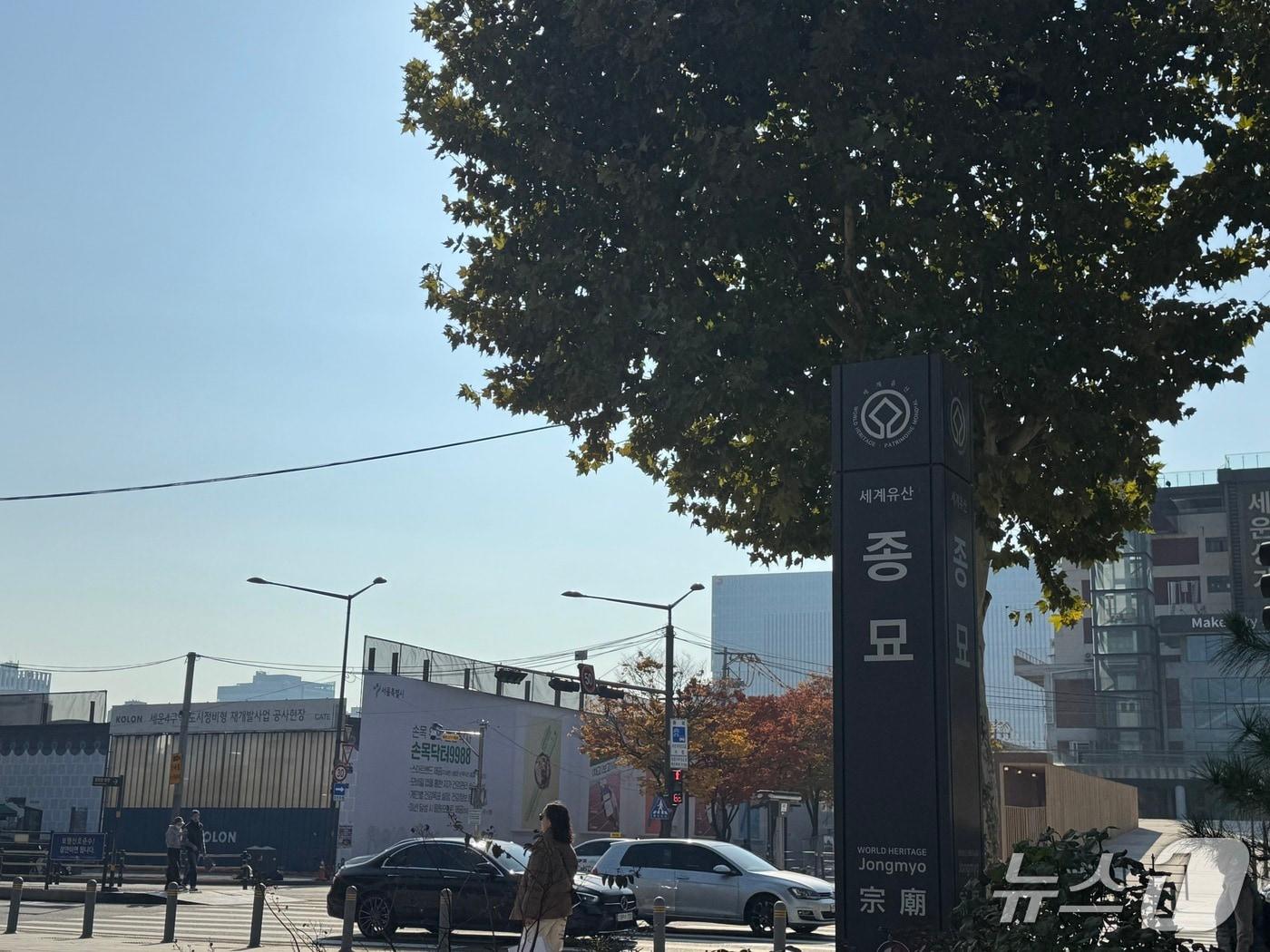 본문 이미지 - 4일 세운상가 맞은편 종묘에서 바라본 세운4구역 재개발 지구 공사현장의 모습 . 2025.11.04 / 뉴스1 ⓒ News1 윤주현 기자