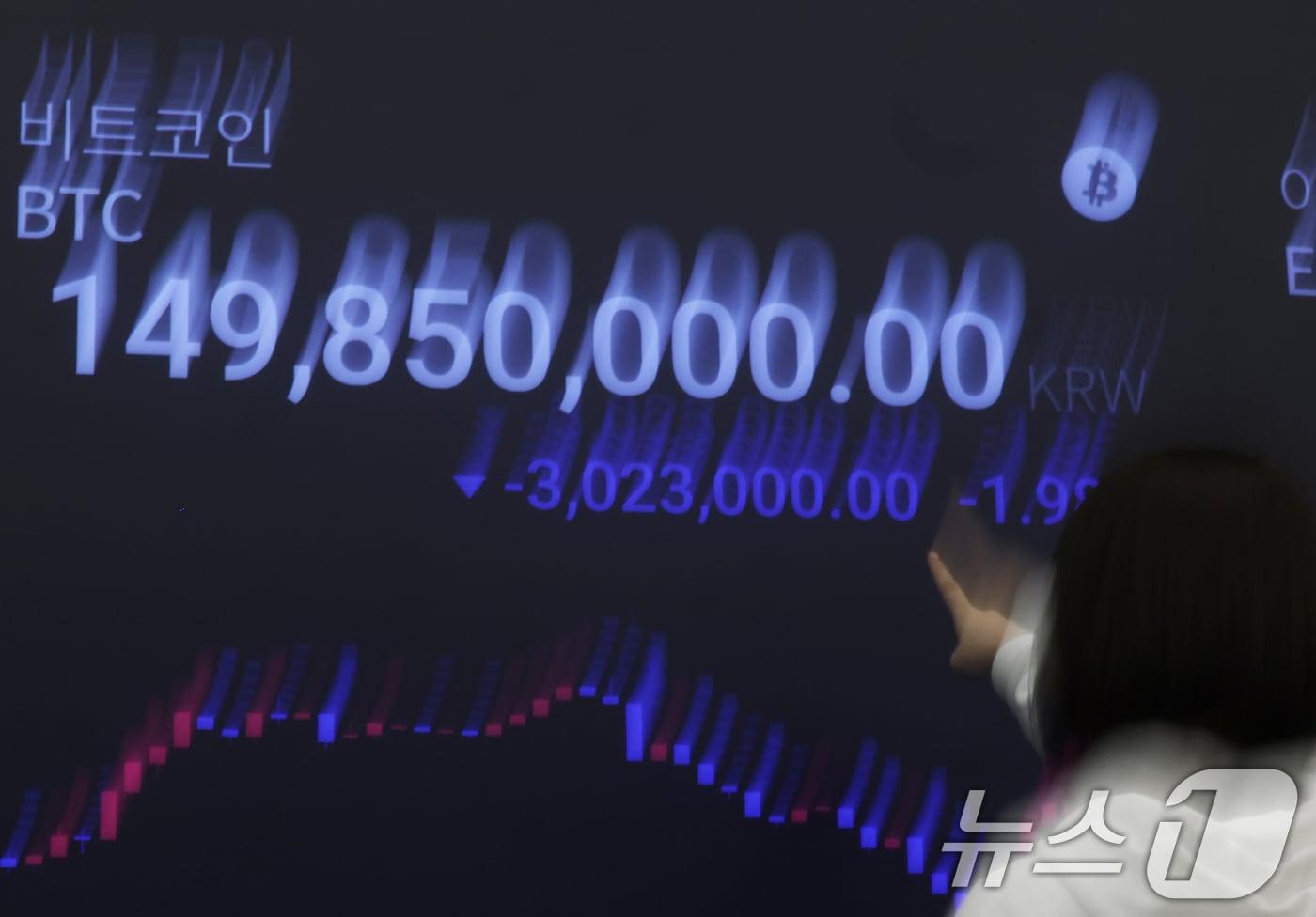 가상자산 시가총액 1위 비트코인이 급락한 5일 서울 강남구 업비트 고객센터 전광판에 비트코인 거래 가격이 표시되고 있다. 2025.11.5/뉴스1 ⓒ News1 오대일 기자