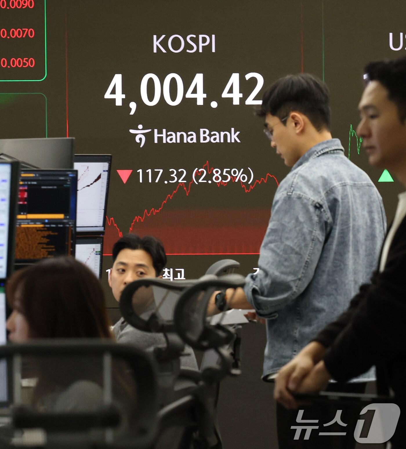 본문 이미지 - 코스피가 급락한 5일 오후 서울 중구 하나은행 본점 딜링룸 전광판에 종가가 표시되고 있다. 이날 코스피는 7개월 만에 매도 사이드카까지 터지며 급락장을 연출한 끝에 117.32포인트&#40;2.85%&#41; 내린 4004.42를 기록했고 코스닥은 전 거래일 대비 24.68포인트&#40;2.66%&#41; 내린 901.89로 장을 마쳤다. 2025.11.5/뉴스1 ⓒ News1 오대일 기자