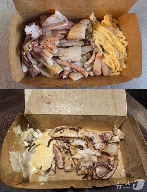 본문 이미지 - 서귀포매일올레시장에서 판매되고 있는 철판구이 오징어 상품 사진(상인회 제공·상단 사진)과 피고소인이 온라인 커뮤니티에 올린 철판구이 오징어 상품 사진(온라인 커뮤니티 갈무리).