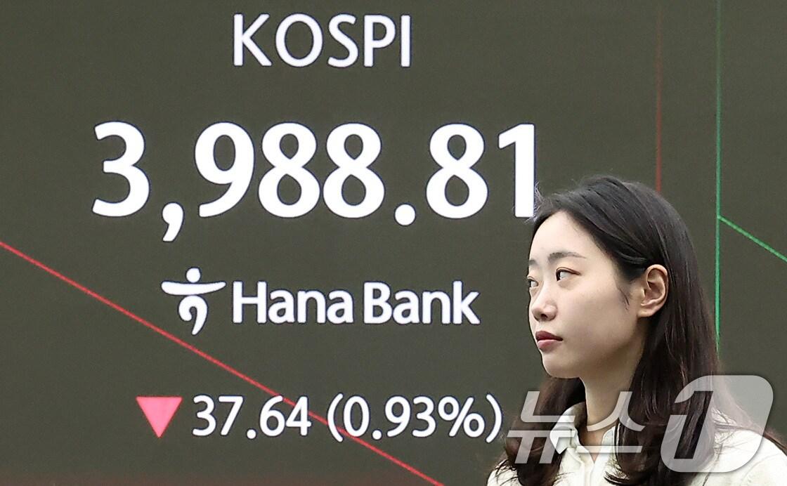 본문 이미지 - 7일 오전 서울 중구 하나은행 본점 딜링룸 전광판에 개장 시황이 나오고 있다. 코스피는 이날 오전 9시 5분 전일 종가와 비교해 25.18포인트&#40;p&#41;&#40;0.63%&#41; 하락한 4001.27로, 코스닥은 전일 대비 11.77p&#40;1.31%&#41; 하락한 886.40으로 출발했다. ⓒ News1 김성진 기자