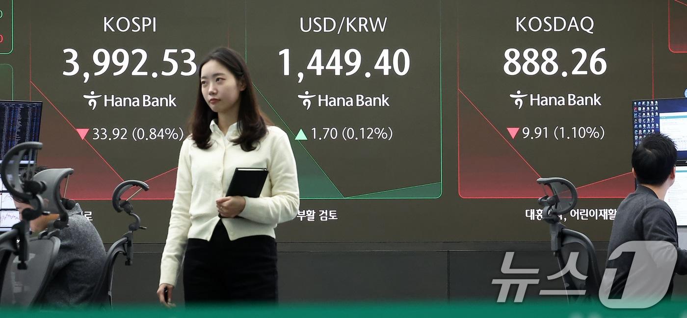 7일 오전 서울 중구 하나은행 본점 딜링룸 전광판에 개장 시황이 나오고 있다. /뉴스1 ⓒ News1 김성진 기자