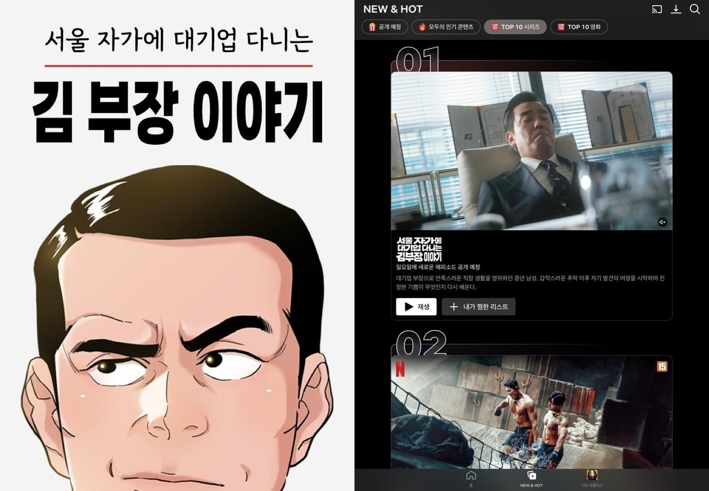 네이버웹툰 &#39;서울 자가에 대기업 다니는 김부장 이야기&#39; 외전 표지&#40;왼쪽&#41;와 동명의 TV 드라마가 넷플릭스 &#39;뉴 앤 핫&#39;&#40;NEW & HOT&#41; 목록의 &#39;톱 10 시리즈&#39; 1위를 차지한 모습 &#40;네이버웹툰 제공·넷플릭스 갈무리&#41;