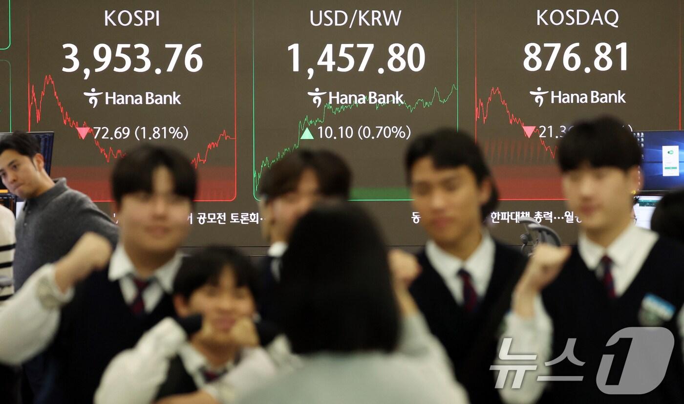7일 오후 서울 중구 하나은행 본점 딜링룸 전광판에 증시 종가가 표시돼 있다. 이날 코스피는 전 거래일 대비 72.69포인트&#40;1.81%&#41; 하락한 3,953.76, 코스닥 지수는 21.36포인트&#40;2.38%&#41; 하락한 876.81로 거래를 마쳤다. 2025.11.7/뉴스1 ⓒ News1 김명섭 기자