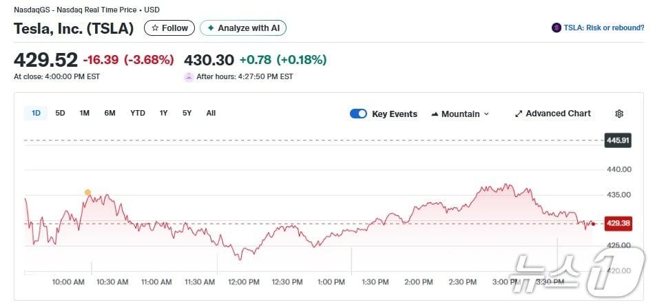 본문 이미지 - 테슬라 일일 주가추이 - 야후 파이낸스 갈무리