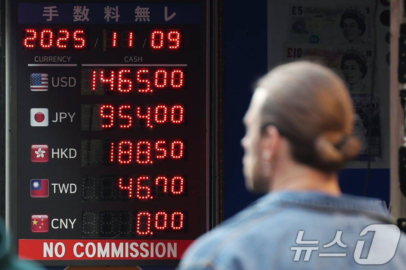 원·달러 환율이 7개월 만에 1460을 돌파한 가운데 9일 서울 중구 명동의 한 환전소 앞 전광판에 환율이 표시되고 있다. 2025.11.9/뉴스1 ⓒ News1 황기선 기자