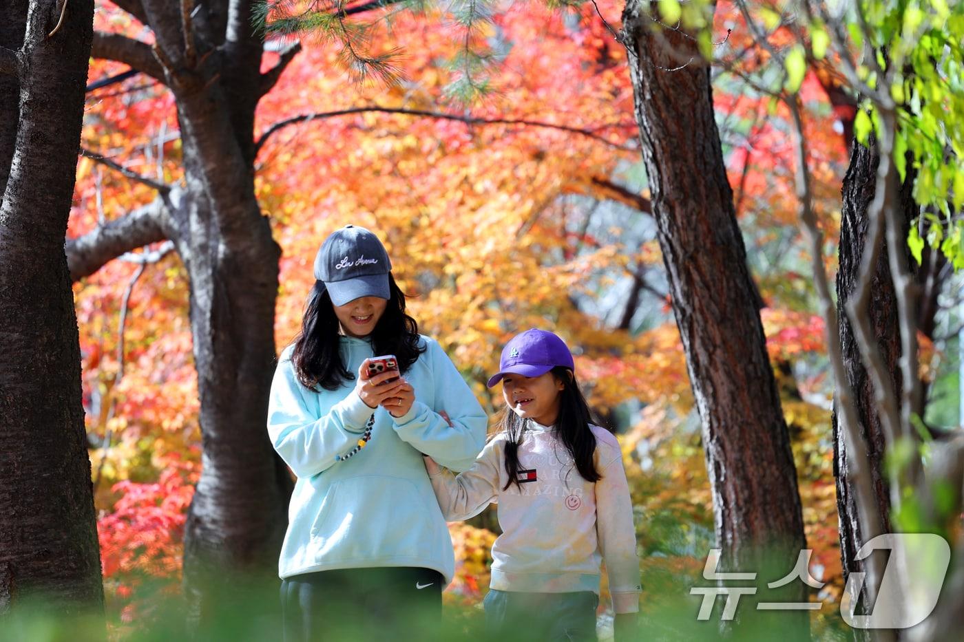 온화한 가을 날씨를 보인 9일 오후 서울 종로구 인왕산 등산로에서 시민들이 단풍과 함께 즐거운 시간을 보내고 있다. 2025.11.9/뉴스1 ⓒ News1 황기선 기자