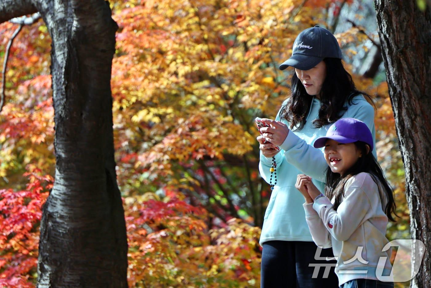 온화한 가을 날씨를 보인 9일 오후 서울 종로구 인왕산 등산로에서 시민들이 단풍과 함께 즐거운 시간을 보내고 있다. 2025.11.9/뉴스1 ⓒ News1 황기선 기자