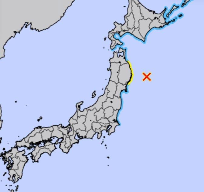 본문 이미지 - 9일 오후 5시 3분쯤 일본 동북부 이와테현 근해에서 규모 6.9의 지진이 발생해 이와태현과 미야기현 쓰나미 주의보가 발령됐다. 지도에서 노란색으로 표시된 지역이 쓰나미 주의보 발령 지역. (사진=일본 기상청 갈무리)
