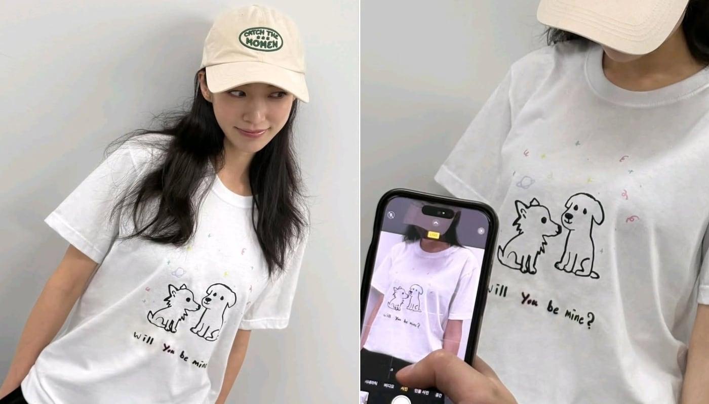 트와이스 정연·지효, 배우 공승연이 함께 디자인하고 제작한 바자회 한정판 티셔츠. 공승연이 티셔츠를 입고 사진을 찍고 있다(평강공주 제공). ⓒ 뉴스1