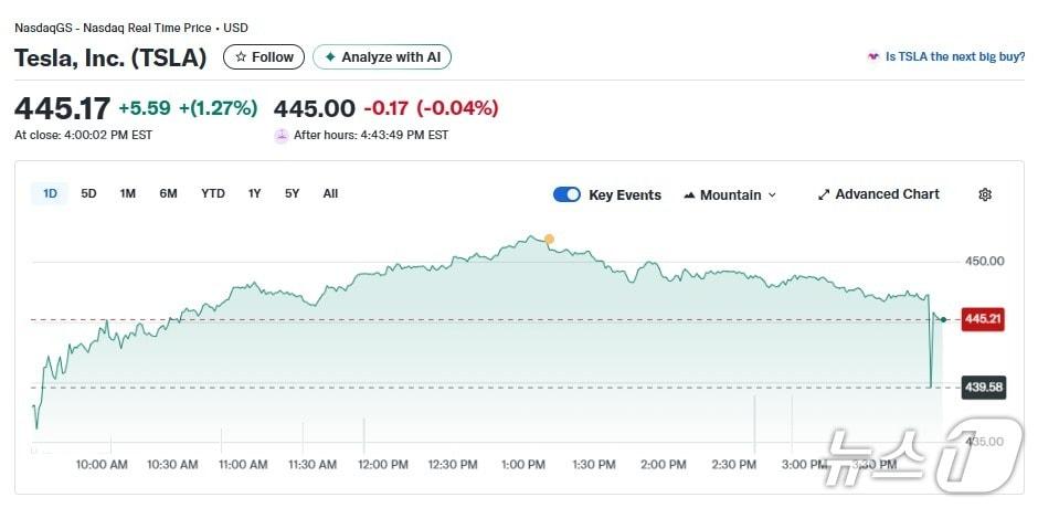 본문 이미지 - 테슬라 일일 주가추이 - 야후 파이낸스 갈무리