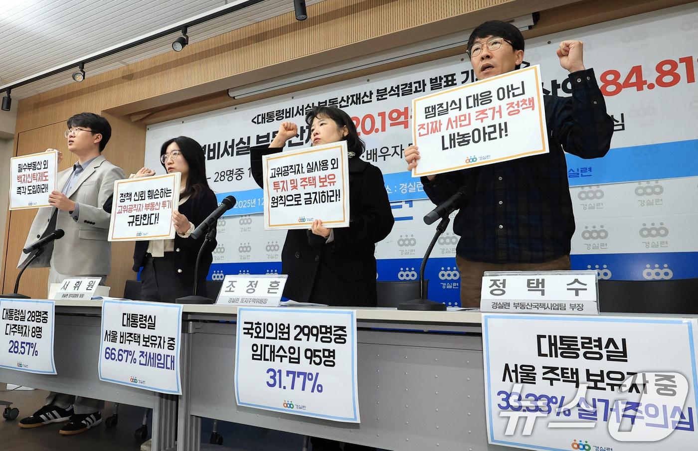 10일 서울 종로구 경제정의실천시민연합&#40;경실련&#41; 강당에서 대통령비서실 부동산재산 분석결과 발표 기자회견이 열리고 있다. 이날 분석결과 발표에 따르면 대통령비서실 부동산 재산 20.1억원이며 전체 재산의 84.81%로 나타났다. 또한 28명중 8명&#40;28.57%&#41;은 다주택자, 11명&#40;39.29%&#41;은 본인 및 배우자 명의 건물 임대로 실거주로 의심된다고 밝혔다. 2025.12.10/뉴스1 ⓒ News1 이호윤 기자