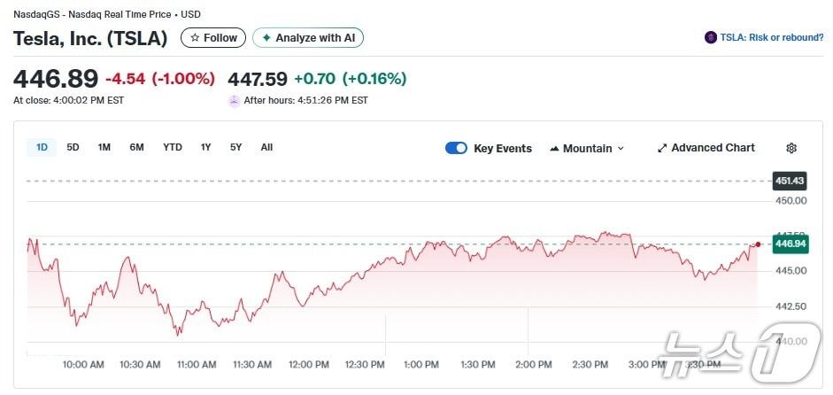 본문 이미지 - 테슬라 일일 주가추이 - 야후 파이낸스 갈무리