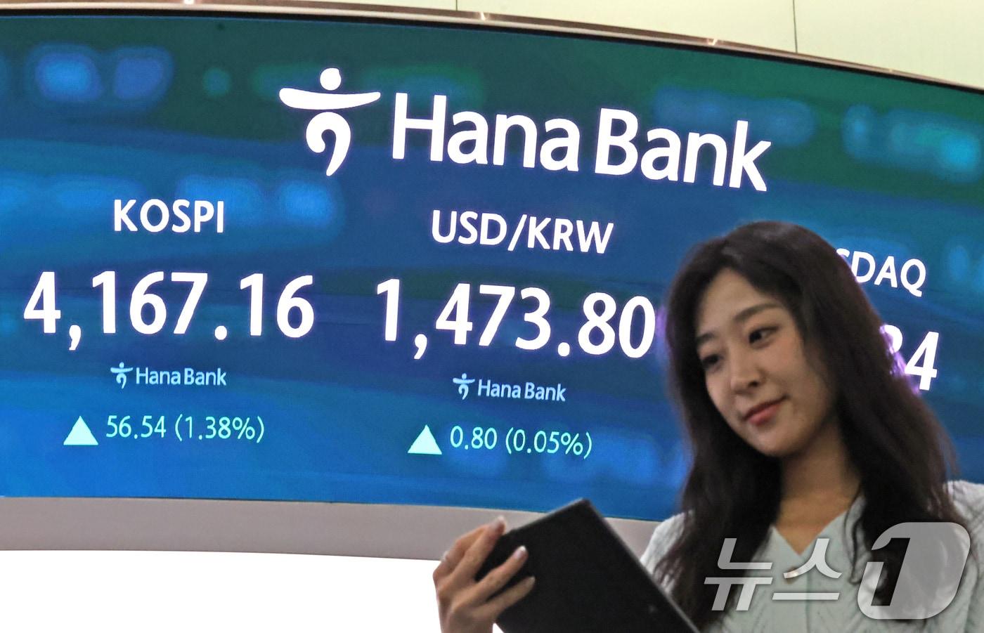 12일 오후 서울 중구 하나은행 딜링룸 전광판에 코스피종가와 원달러환율이 표시되고 있다. 코스피는 전일 대비 56.54p(1.38%) 상승한 4167.16으로, 코스닥은 전일 대비 2.70p(0.29%) 상승한 937.34로 마감했다. 2025.12.12/뉴스1 ⓒ News1 장수영 기자