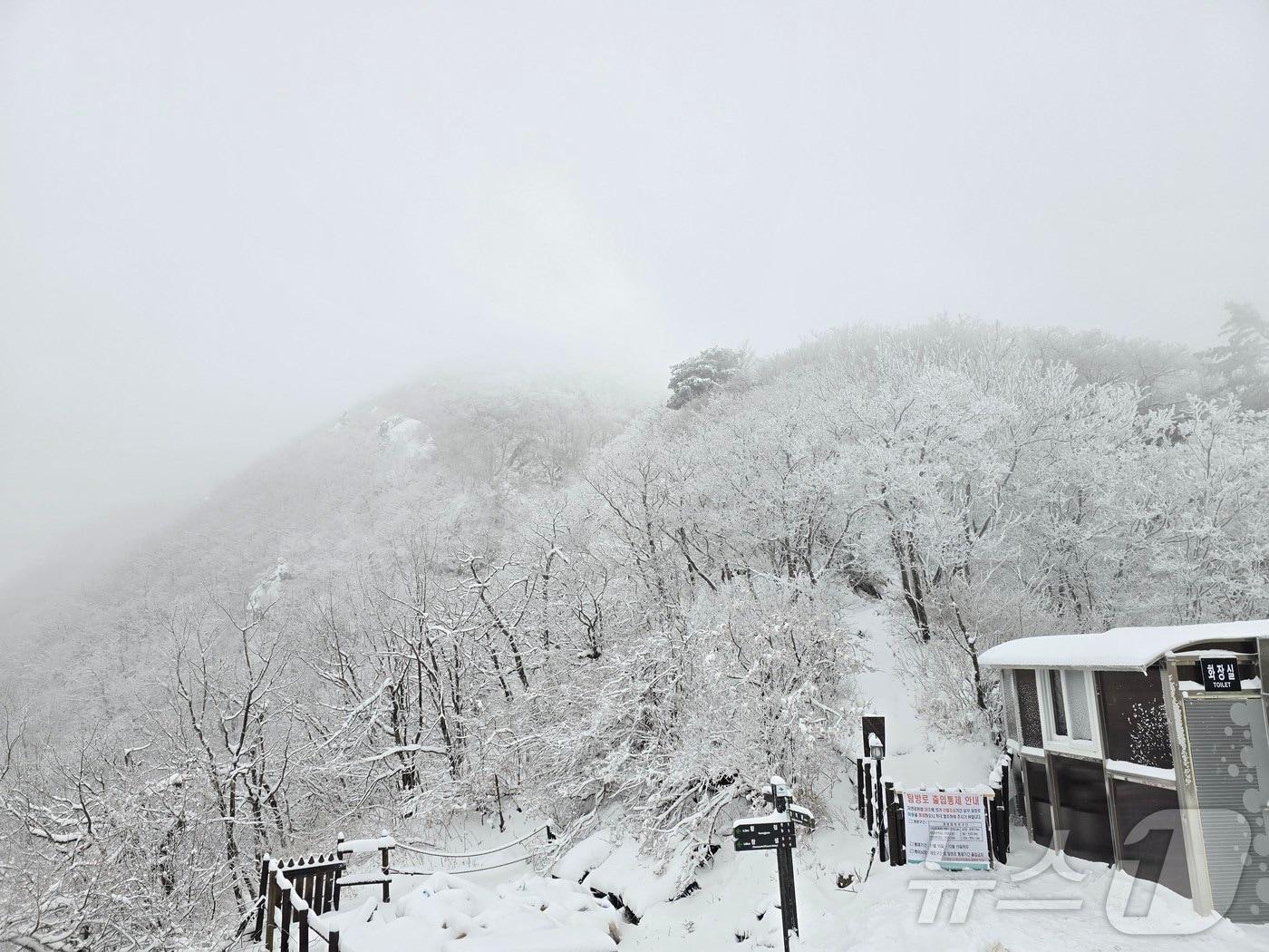 본문 이미지 - 지난 14일 전북 무주군 덕유산 삿갓재대피소 인근에 하얀 눈이 쌓여 있다. (덕유산국립공원사무소 제공. 재판매 및 DB금지) 2025.12.14/뉴스1 