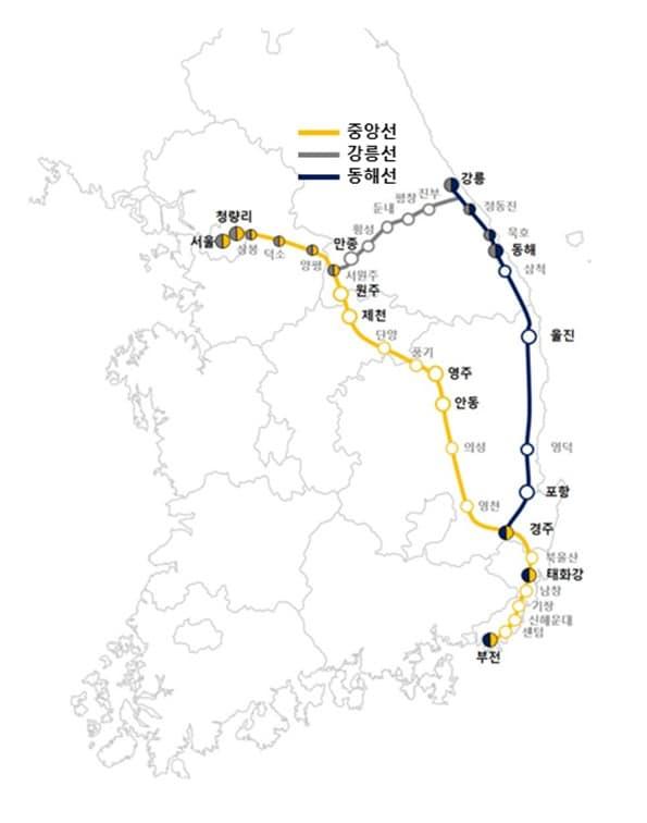 본문 이미지 - 중앙선 강릉선 동해선 노선도.(국토교통부 제공)뉴스1ⓒ news1