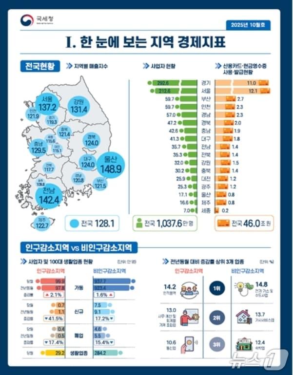 본문 이미지 - 한 눈에 보는 지역 경제지표.(국세청 제공, 재판매 및 DB 금지)