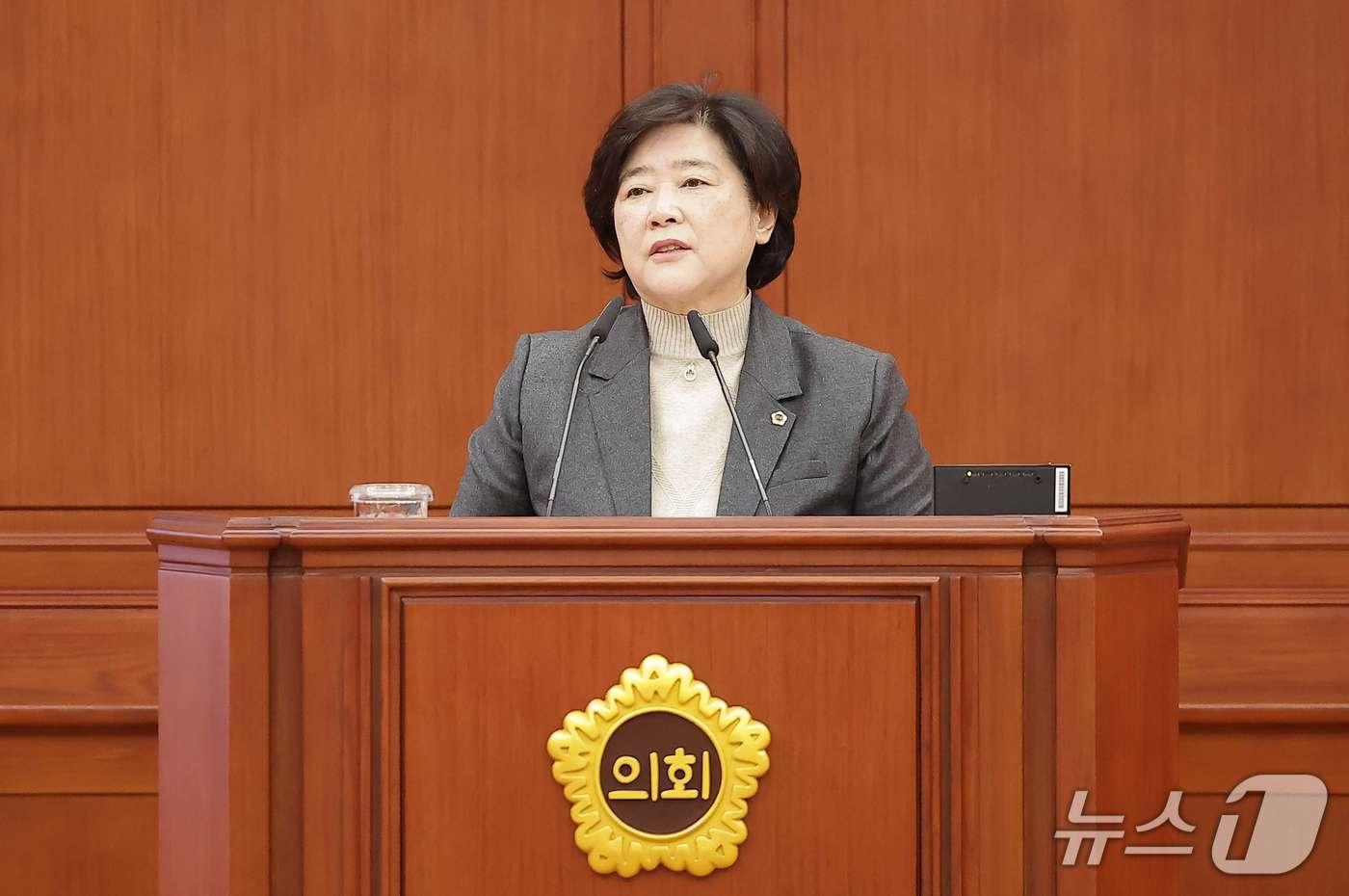 안경자 대전시의원이 15일 오전 본회의장에서 5분자유발언을 하고 있다. (시의회 제공) / 뉴스1