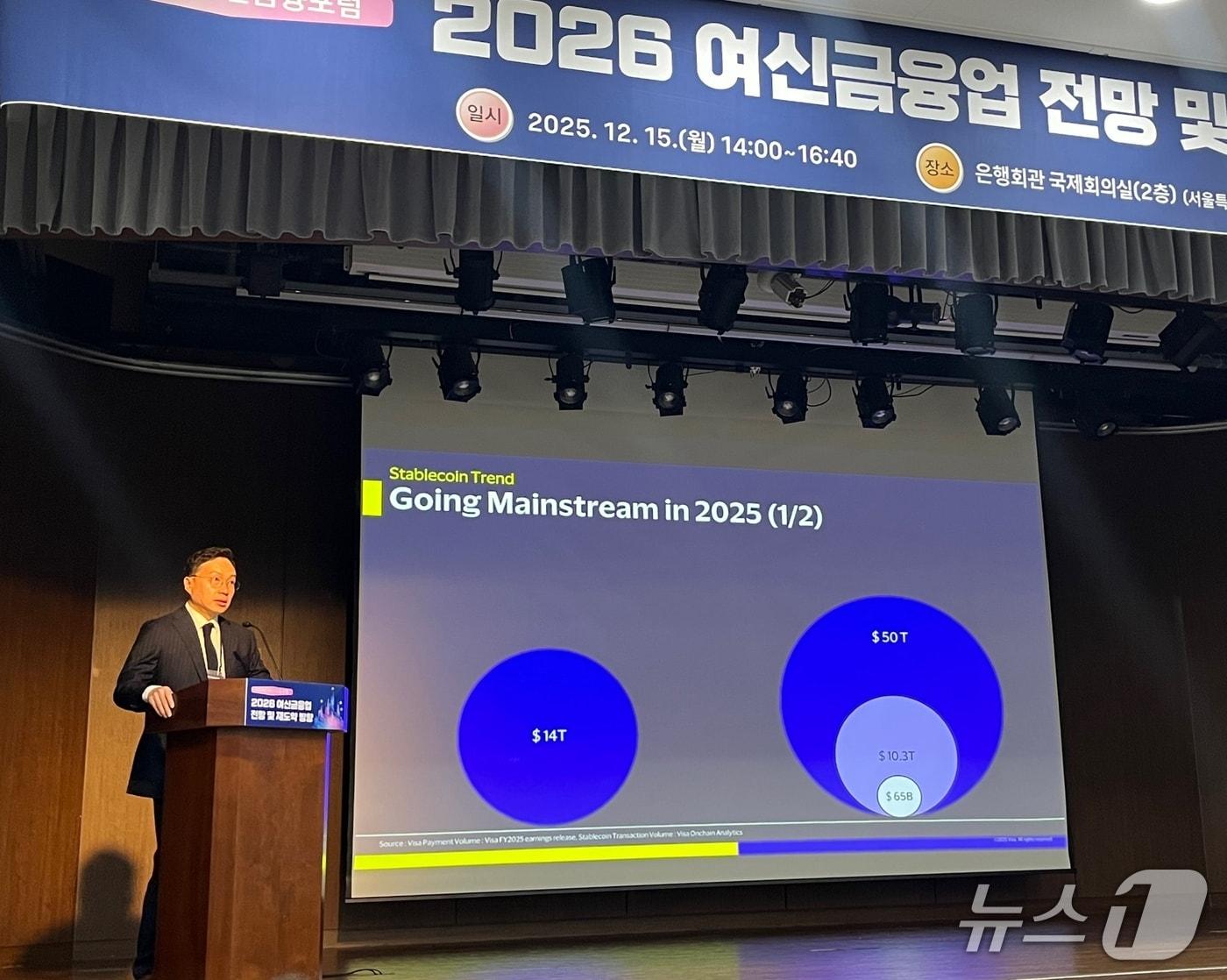 본문 이미지 - 유창우 비자 코리아 전무가 15일 오후 2시 서울 중구 은행회관 2층 국제회의실에서 열린 제14회 여신금융포럼 '2026 여신금융업 전망 및 재도약 방향' 포럼에서 주제발표를 하고 있다.