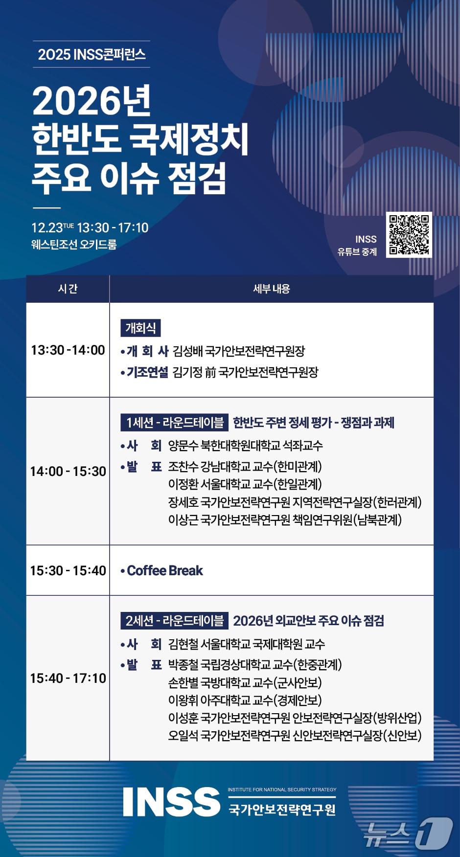 본문 이미지 - 국가안보전략연구원(INSS)이 오는 23일 서울 중구 웨스틴조선호텔 오키드룸에서 '2026년 한반도 국제정치 주요 이슈 점검'을 주제로 'INSS콘퍼런스'를 개최한다고 16일 밝혔다.