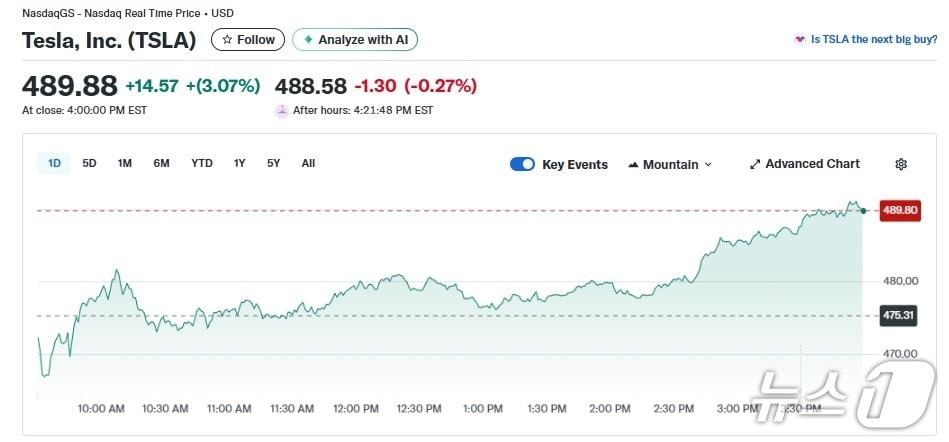 본문 이미지 - 테슬라 일일 주가추이 - 야후 파이낸스 갈무리