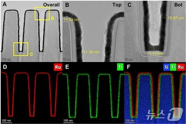 본문 이미지 - 개발된 원료물질을 이용해 좁고 깊은 3차원 구조에 루테늄 박막을 입힌 모습.(UNIST 제공. 재판매 및 DB금지)/뉴스1