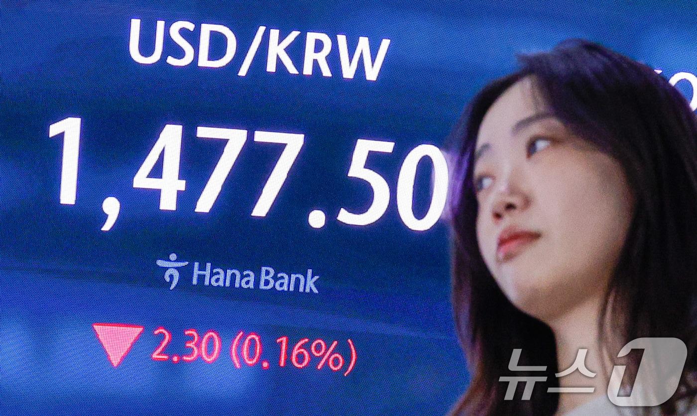 18일 오전 서울 중구 하나은행 딜링룸 전광판에 원·달러 환율 개장 후 시황이 나오고 있다. 이날 원·달러 환율은 2.0원 내린 1477.8원에 출발했다. 2025.12.18/뉴스1 ⓒ News1 안은나 기자