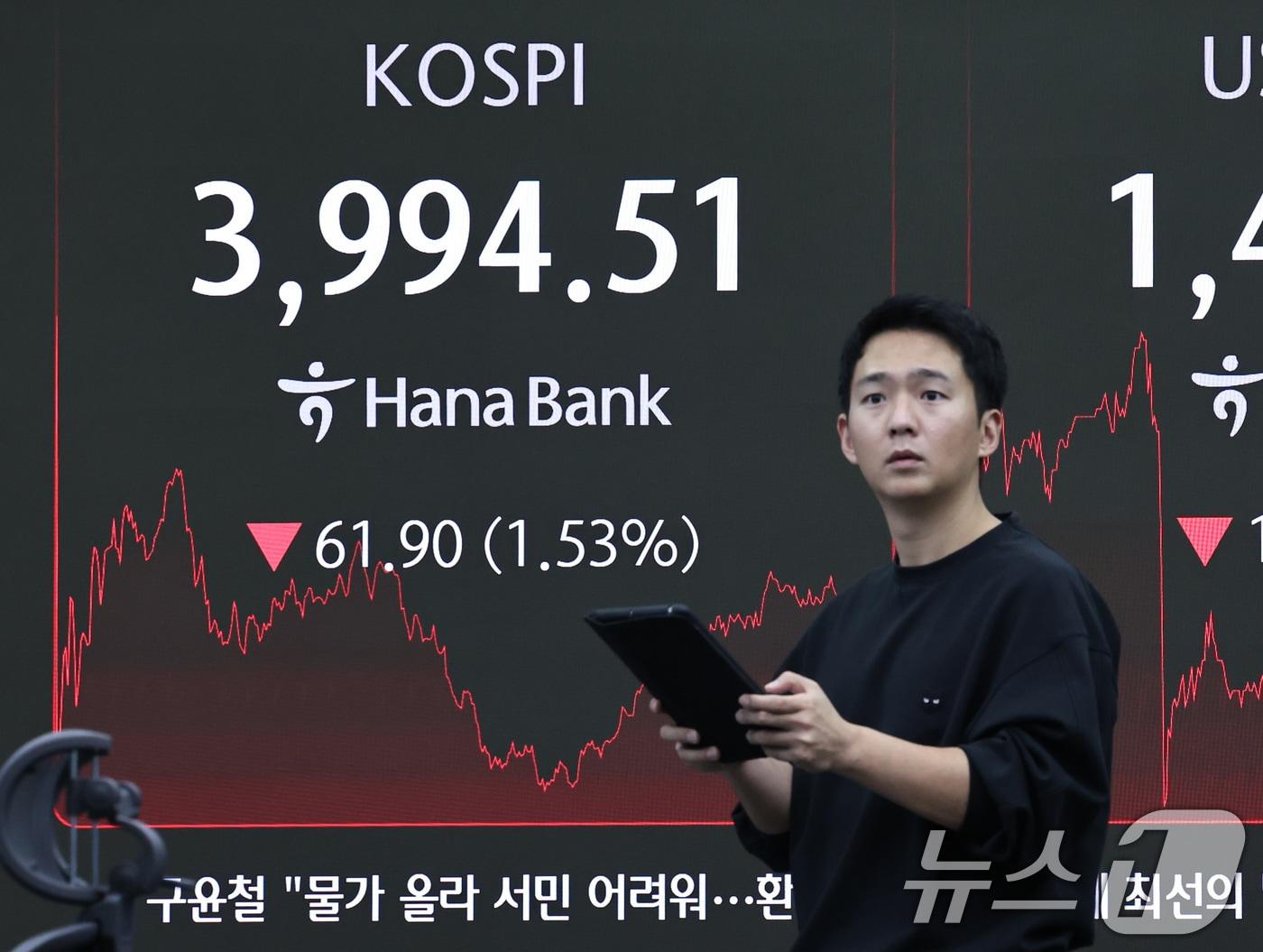본문 이미지 - 18일 오후 서울 중구 하나은행 본점 딜링룸 전광판에 코스피가 전 거래일 대비 61.9포인트(1.53%) 내린 3994.51을 나타내고 있다. 이날 코스닥도 9.74포인트(1.07%) 내린 901.33에 장을 마쳤다. 서울외환시장에서 달러·원 환율은 전일 오후 3시 30분 주간종가 대비 1.5원 내린 1478.3원을 기록했다. 2025.12.18/뉴스1 ⓒ News1 구윤성 기자