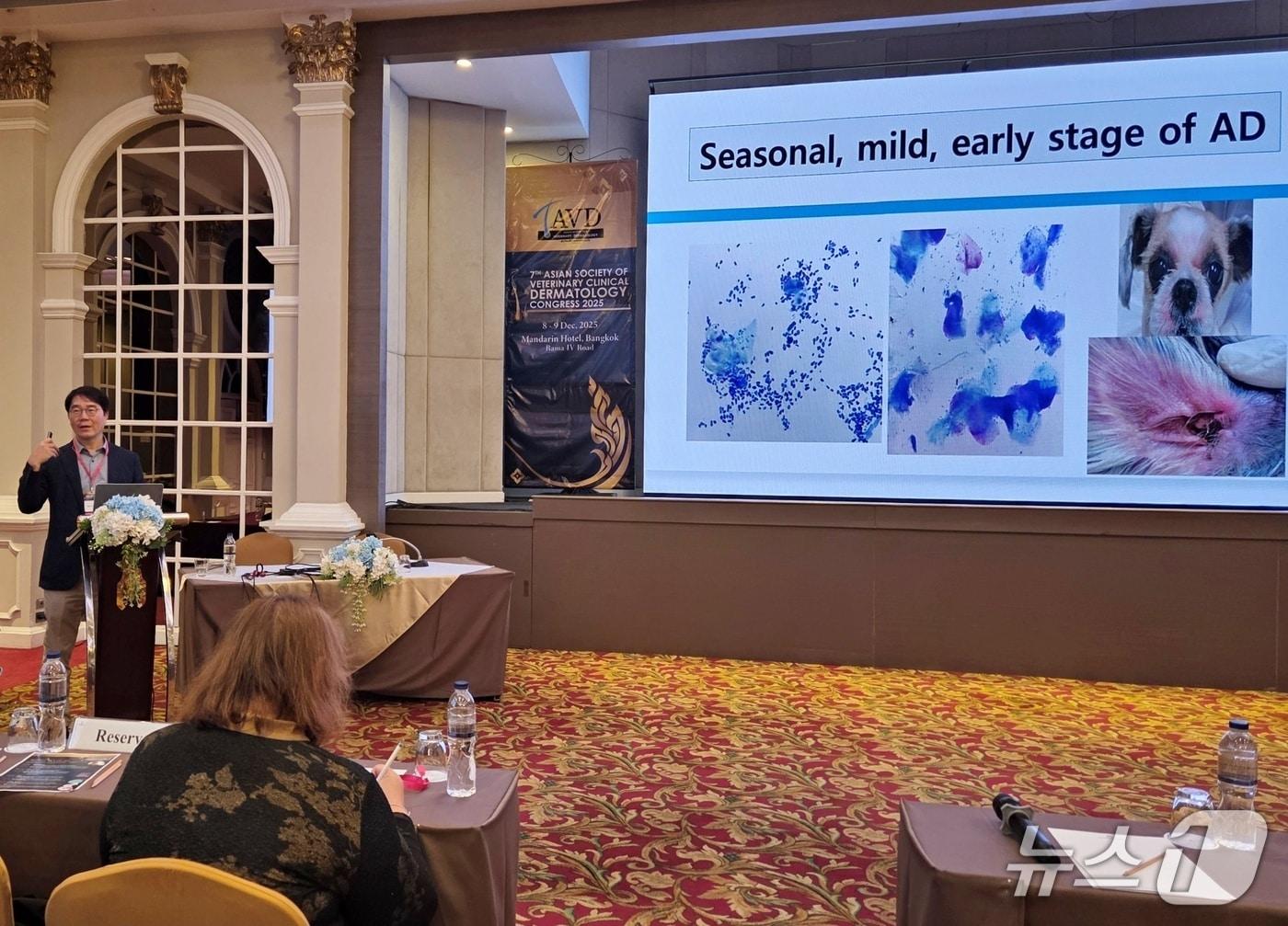 본문 이미지 - 박희명 건국대 교수가 9일 열린 아시아수의임상피부학회에서 강연을 하고 있다. ⓒ 뉴스1