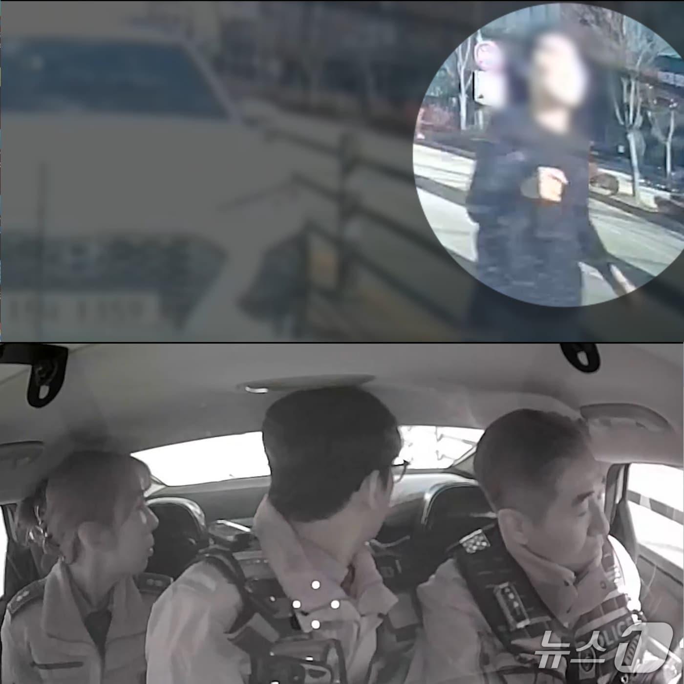 본문 이미지 - 지난 12일 고열에 쓰러진 아이를 데리고 병원으로 향하던 유치원 교사가 전북 전주시 한 도로에서 순찰하던 경찰에게 도움을 요청하고 있다.(전북경찰청 제공. 재판매 및 DB금지)