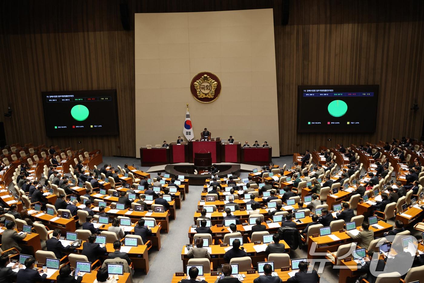 2일 서울 여의도 국회에서 열린 제429회국회(정기회) 제14차 본회의에서 담배사업법 일부개정법률안(대안)이 찬성 247표로 통과되고 있다. 2025.12.2/뉴스1 ⓒ News1 이승배 기자
