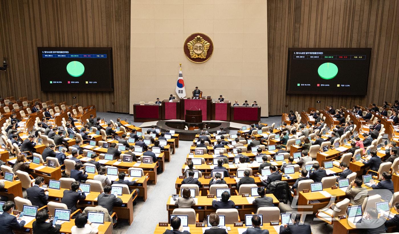 2일 서울 여의도 국회에서 열린 제429회국회&#40;정기회&#41; 제14차 본회의에서 형사소송법 일부개정법률안&#40;대안&#41;이 찬성 243표로 통과되고 있다. 2025.12.2/뉴스1 ⓒ News1 이승배 기자
