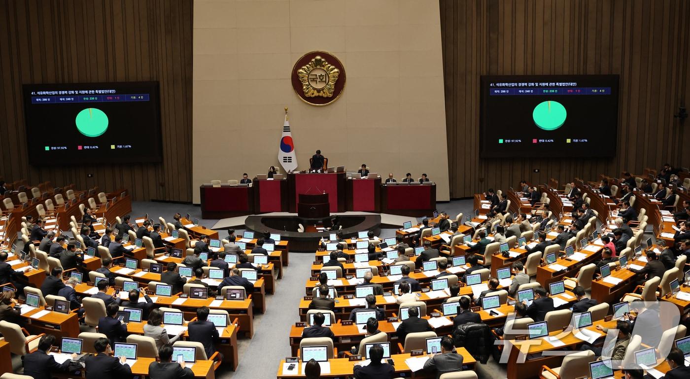 2일 서울 여의도 국회에서 열린 제429회국회&#40;정기회&#41; 제14차 본회의에서 석유화학산업의 경쟁력 강화 및 지원에 관한 특별법안&#40;대안&#41;이 찬성 235표로 통과되고 있다. 2025.12.2/뉴스1 ⓒ News1 이승배 기자