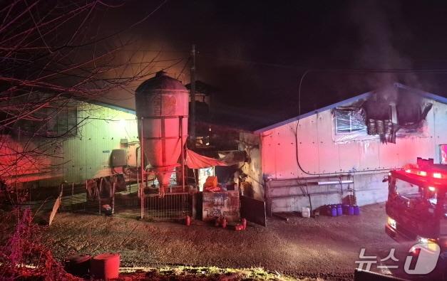 본문 이미지 - 21일 오전 4시 17분께 임실군 신평면 가덕리의 한 돈사에서 불이 났다.(전북소방본부 제공, 재판매 및 DB 금지)/뉴스1