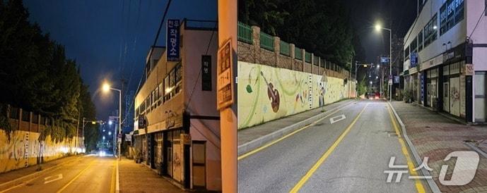 본문 이미지 - 강원 원주시의 고효율 LED 도로조명(가로등·보안등) 교체 사업 전(왼쪽)과 후 비교 자료 사진. (원주시 제공. 재판매 및 DB금지) 2025.12.19/뉴스1