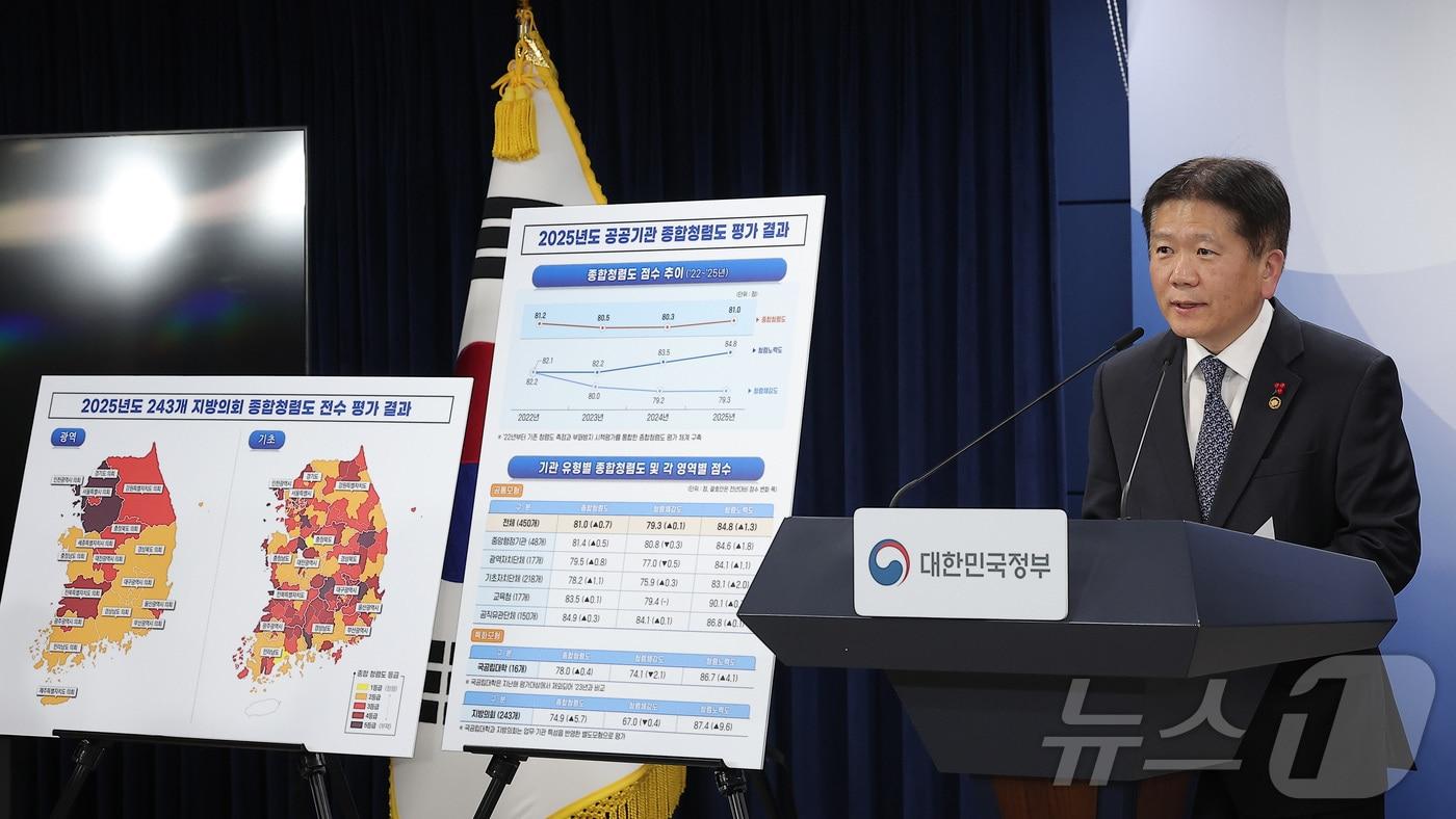 이명순 국민권익위원회 부패방지 부위원장이 23일 서울 종로구 정부서울청사에서 2025년도 공공기관 종합청렴도 평가 결과를 발표하고 있다. 2025.12.23/뉴스1 ⓒ News1 김성진 기자