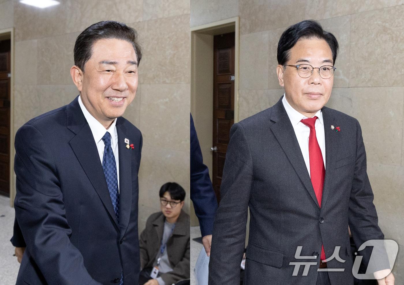김병기 더불어민주당 원내대표와 송언석 국민의힘 원내대표가 23일 서울 여의도 국회에서 통일교 특검 등 현안 논의를 위해 각각 운영위원장실로 향하고 있다. 2025.12.23/뉴스1 ⓒ News1 이승배 기자