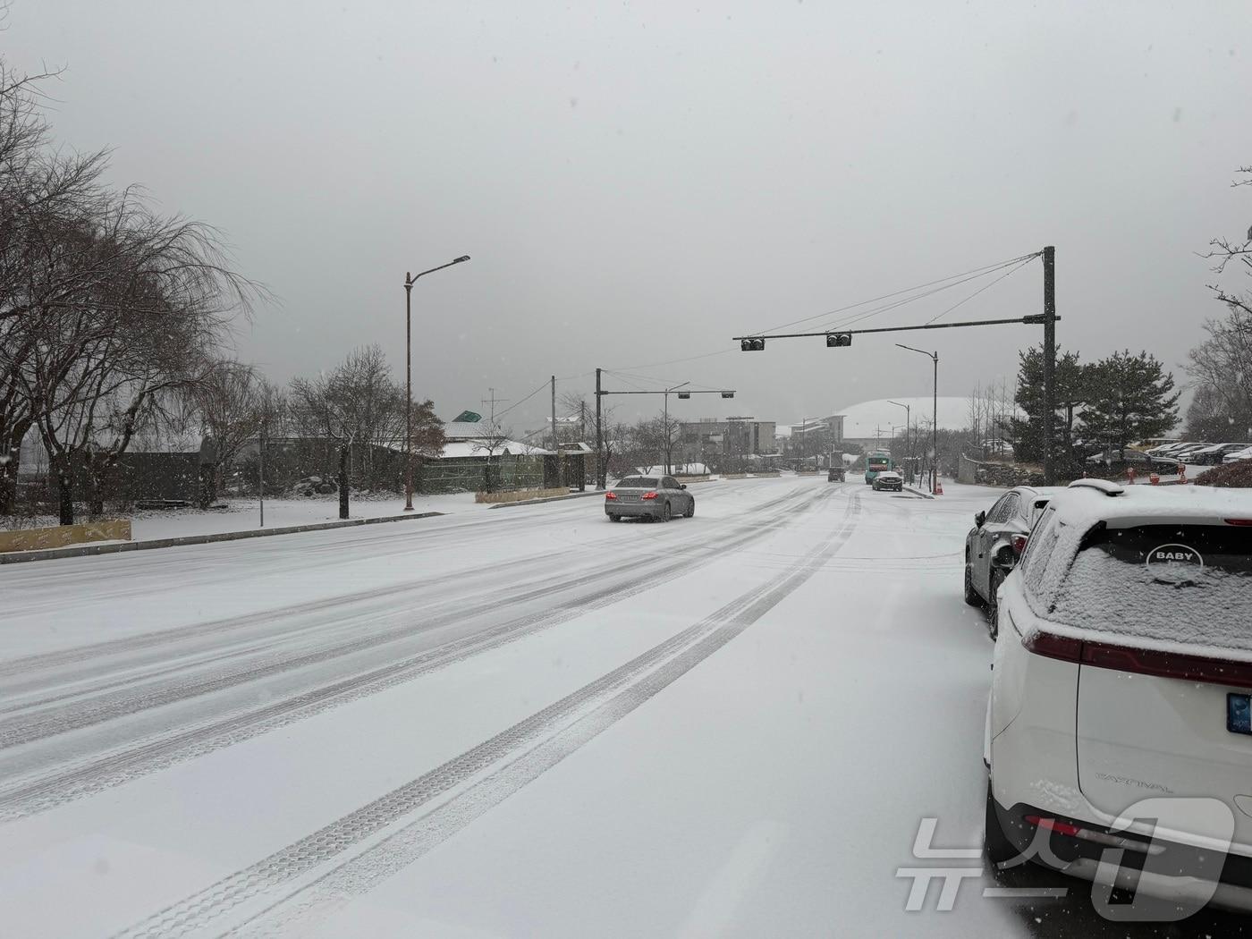 본문 이미지 - 23일 오후 강원 춘천 송암동 일대에 눈이 내리자 차들이 속도를 줄여 지나가고 있다. 2025.12.23/뉴스1 ⓒ News1 한귀섭 기자