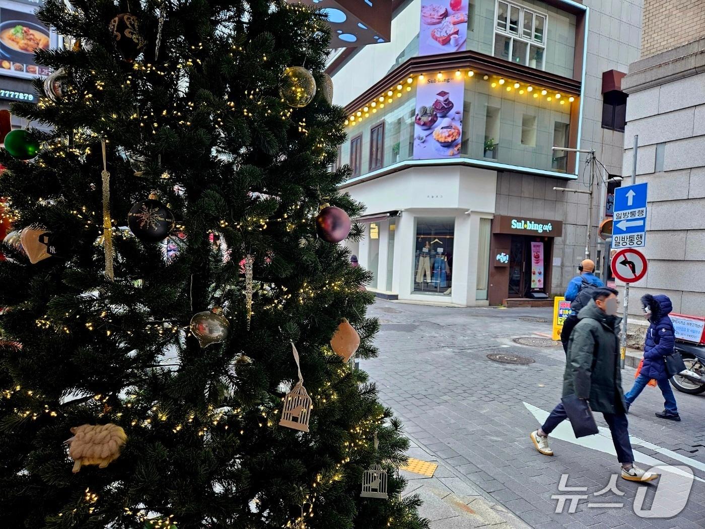 본문 이미지 - 24일 서울 명동 거리에 크리스마스 트리가 장식돼 있다. 2025.12.24/ⓒ 뉴스1 유채연 기자