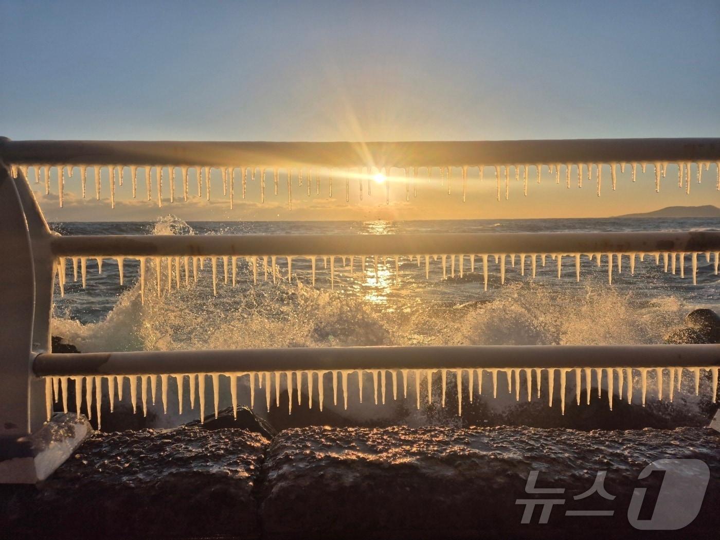 본문 이미지 - 강원 대부분 지역에 한파특보가 발효된 26일 동해안 대표 해안도로인 강릉시 강동면 심곡~금진 구간 헌화로 난간에 고드름이 매달려 있다. 2025.12.26/뉴스1 ⓒ News1 윤왕근 기자