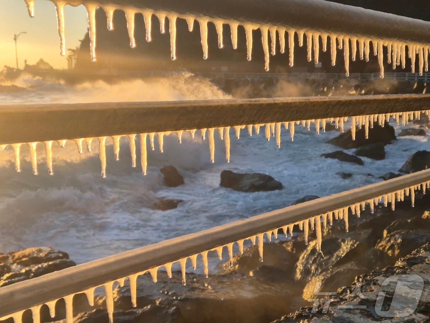 본문 이미지 - 강원 대부분 지역에 한파특보가 발효된 26일 동해안 대표 해안도로인 강릉시 강동면 심곡~금진 구간 헌화로 난간에 고드름이 매달려 있다. 2025.12.26/뉴스1 ⓒ News1 윤왕근 기자