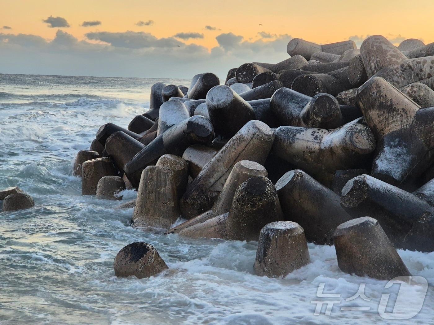 본문 이미지 - 강원 대부분 지역에 한파특보가 발효된 26일 강릉시 강문해변 테트라포드에 얼음이 얼어붙어 혹한의 기세를 보여주고 있다. 2025.12.26/뉴스1 ⓒ News1 윤왕근 기자