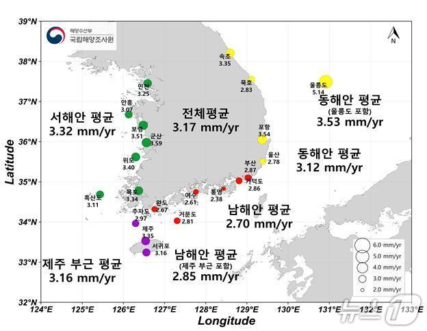 본문 이미지 - 최근 36년간 해수면 상승 분포도(해양수산부 제공)