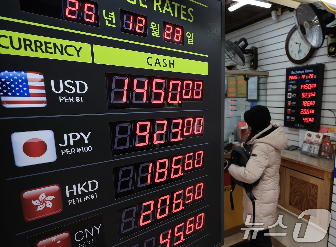 본문 이미지 - 28일 오전 서울 중구 명동 환전소 전광판에 원달러 환율 시세가 나오고 있다. 2025.12.28/뉴스1 ⓒ News1 김진환 기자